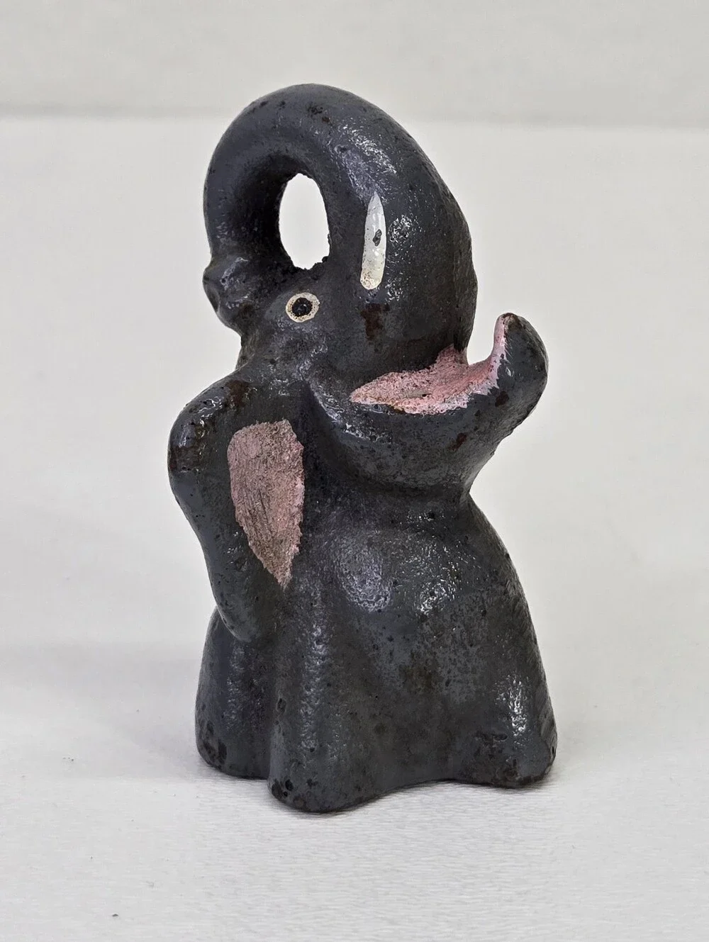 VTG Cast Iron Elephant Bottle Opener‎ Figural Paperweight Trunk Up Pink Mouth #1